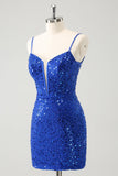 Sparkly Royal Blue Corset Tight Short Homecoming Dress with Sequins