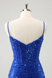 Sparkly Royal Blue Corset Tight Short Homecoming Dress with Sequins