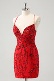 Sparkly Floral Red Tight Short Homecoming Dress with Sequins