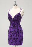 Sparkly Purple Spaghetti Straps Tight Short Homecoming Dress with Appliques