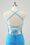 Sparkly Sky Blue Tight Short Homecoming Dress with Lace-Up Back