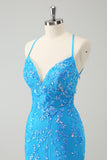 Sparkly Sky Blue Tight Short Homecoming Dress with Lace-Up Back