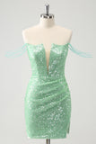 Sparkly Green Off the Shoulder Ruched Tight Homecoming Dress with Sequins