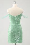 Sparkly Green Off the Shoulder Ruched Tight Homecoming Dress with Sequins