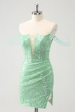 Sparkly Green Off the Shoulder Ruched Tight Homecoming Dress with Sequins