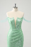 Sparkly Green Off the Shoulder Ruched Tight Homecoming Dress with Sequins