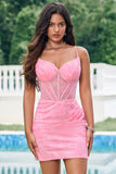Pink Spaghetti Straps Tight Corset Homecoming Dress with Lace Up Back