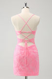 Pink Spaghetti Straps Tight Corset Homecoming Dress with Lace Up Back