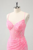 Pink Spaghetti Straps Tight Corset Homecoming Dress with Lace Up Back