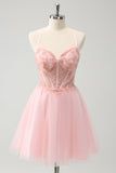 Pink Tulle A-Line Short Homecoming Dress with Beading