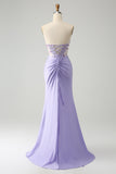 Light Purple Mermaid Strapless Ruched Beaded Corset Prom Dress with Slit