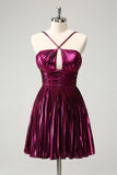 Purple A Line Halter Pleated Short Homecoming Dress With Hollow Out