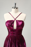 Purple A Line Halter Pleated Short Homecoming Dress With Hollow Out