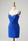 Sparkly Royal Blue Tight Corset Spaghetti Straps Homecoming Dress