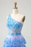 Sparkly Light Blue A-Line One Shoulder Tiered Sequined Homecoming Dress