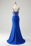 Sparkly Royal Blue Mermaid Beaded Corset Long Prom Dress with Slit