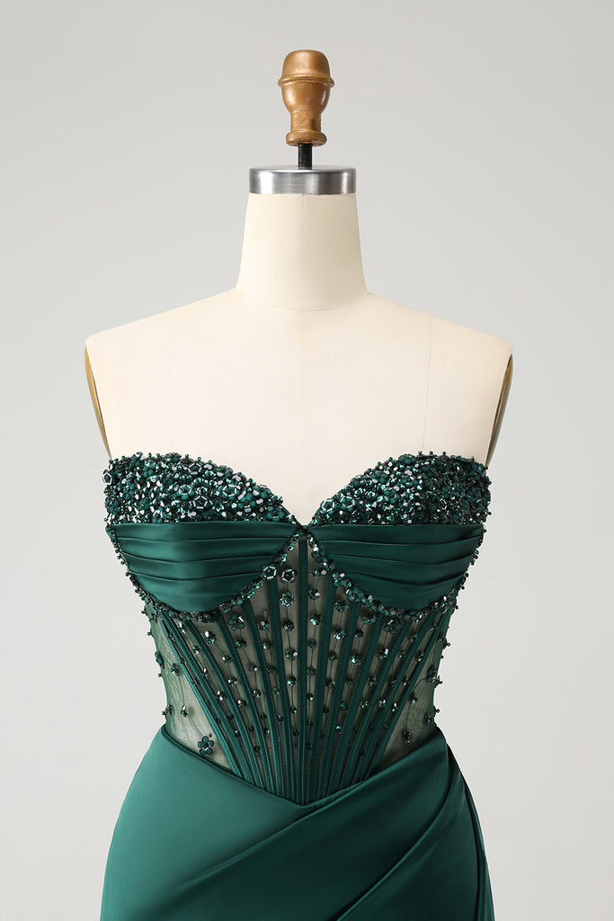 Vintage Mermaid Strapless Sequin Dark Green Long Evening Dress Prom Dresses With Ruched