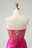 Sparkly Fuchsia Tight Beaded Corset Strapless Homecoming Dress