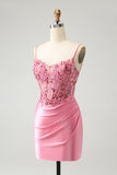 Sparkly Pink Tight Corset Spaghetti Straps Homecoming Dress with Appliques