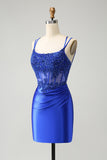 Royal Blue Corset Spaghetti Straps Tight Homecoming Dress