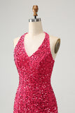 Sparkly Fuchsia Sequins Halter Short Bodycon Homecoming Dress with Tassels