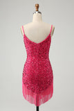 Fuchsia Sequins Spaghetti Straps Short Homecoming Dress with Tassels