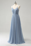 Grey Blue Chiffon Corset A Line Spaghetti Straps Pleated Long Bridesmaid Dress