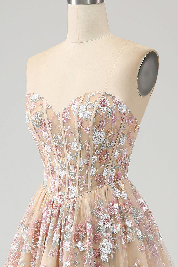 Appliqued Corset Top Short Glitter Prom Dress Champagne