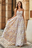 Luxurious A Line Sweetheart Champagne Corset Prom Dress with Appliques