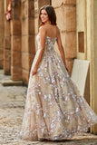 Luxurious A Line Sweetheart Champagne Corset Prom Dress with Appliques