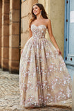 Luxurious A Line Sweetheart Corset Champagne Prom Dress with Appliques