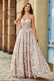 Luxurious A Line Sweetheart Corset Champagne Prom Dress with Appliques