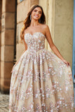 Luxurious A Line Sweetheart Corset Champagne Prom Dress with Appliques