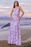 Off the Shoulder Purple Floral A-Line Chiffon Bridesmaid Dress