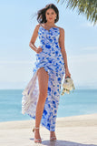 Blue Floral Chiffon Bridesmaid Dress with Ruffles