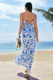 Blue Floral Chiffon Bridesmaid Dress with Ruffles