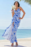 Blue Floral Chiffon Bridesmaid Dress with Ruffles