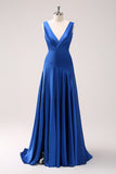 Ink Blue A Line V-Neck Satin Long Bridesmaid Dress with Slit