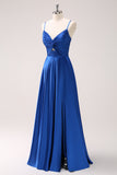 Ink Blue Spaghetti Straps Satin Bridesmaid Dress with Slit