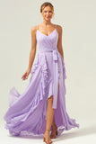 Lilac Spaghetti Straps A-Line Chiffon Ruffled Bridesmaid Dress with Slit