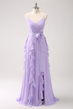 Lilac Spaghetti Straps A-Line Chiffon Ruffled Bridesmaid Dress with Slit