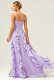 Lilac Spaghetti Straps A-Line Chiffon Ruffled Bridesmaid Dress with Slit