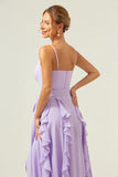 Lilac Spaghetti Straps A-Line Chiffon Ruffled Bridesmaid Dress with Slit