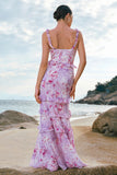 Grey Purple Floral Chiffon Long Bridesmaid Dress with Ruffles