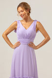 Lilac Chiffon A-Line Ruched Long Bridesmaid Dress with Ruffles