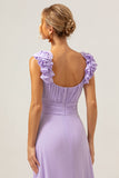 Lilac Chiffon A-Line Ruched Long Bridesmaid Dress with Ruffles