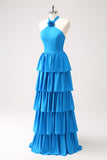 Blue Tiered Chiffon Bridesmaid Dress with Flower