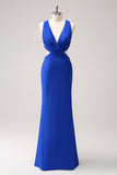 Royal Blue Mermaid Cut Out Ruched Long Bridesmaid Dress