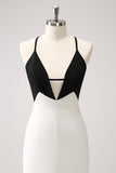 Black White Sheath Spaghetti Straps Long Prom Dress With Front Split