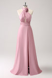 Pink Keyhole A-Line Satin Bridesmaid Dress with Slit